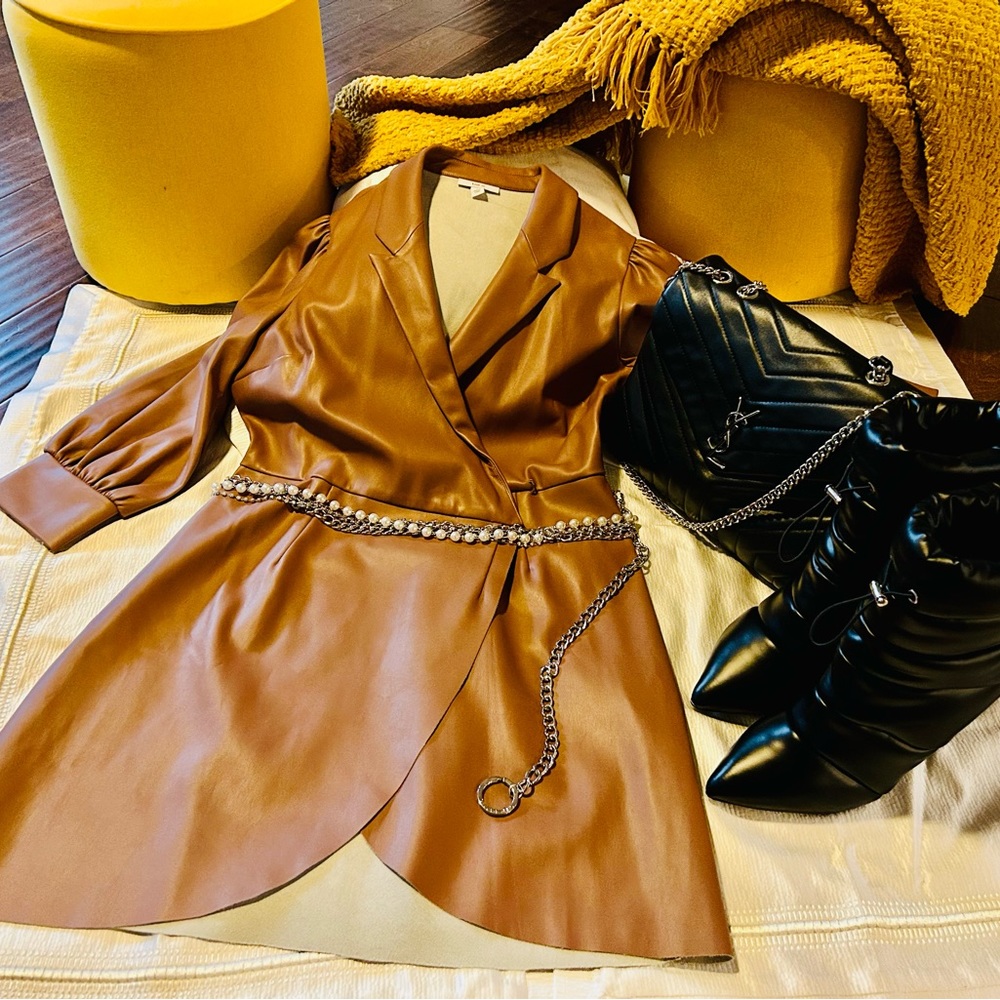 Bar III size large tan faux leather tuxedo mini dress. New never worn.